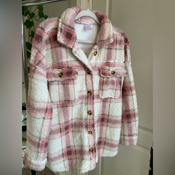 Pink and White Cozy Pink Winter Flannel Jacket Shacket XL - Picture 3 of 7